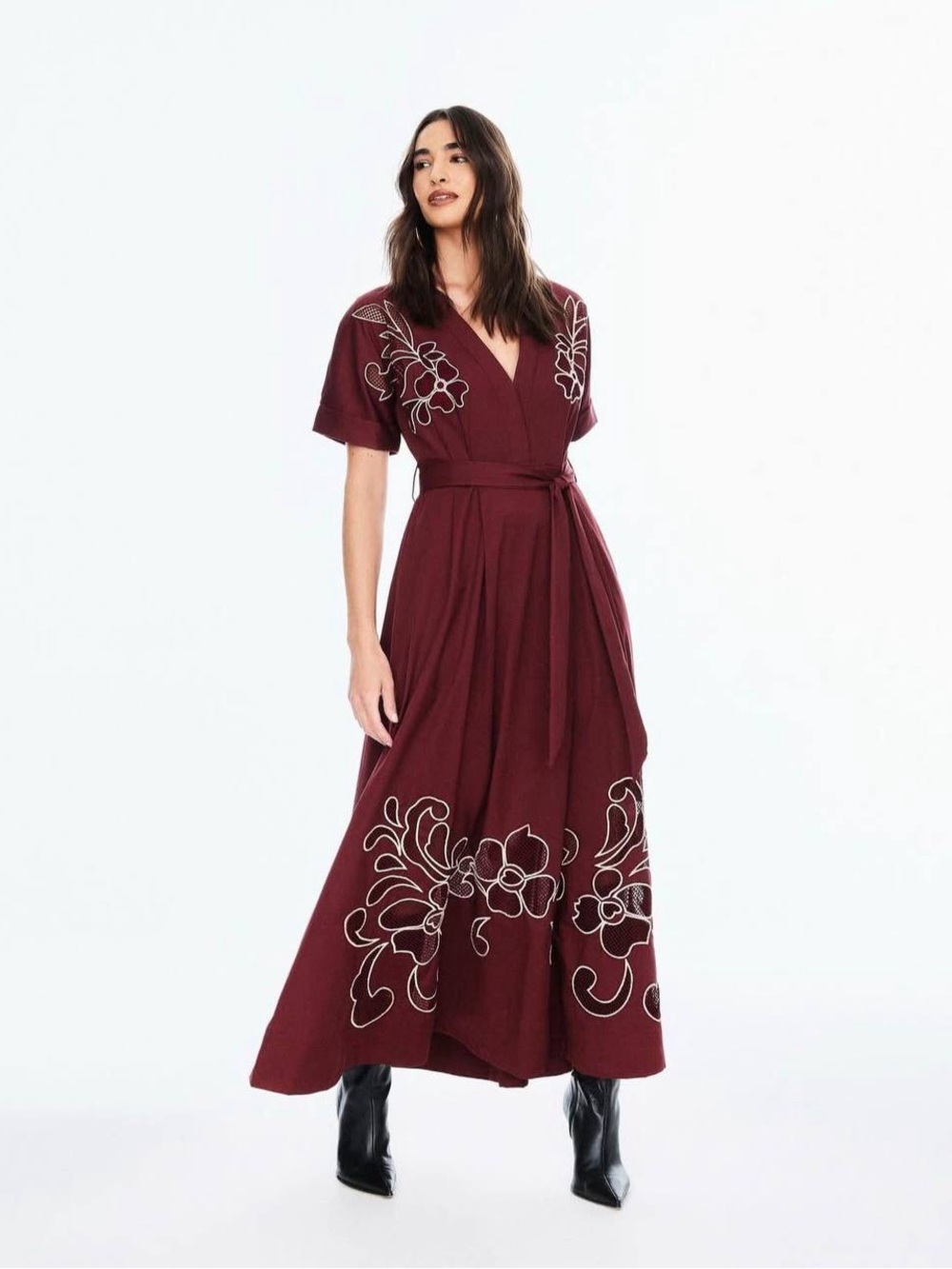 Womens Burgundy Embroidered Wrap Maxi Dress